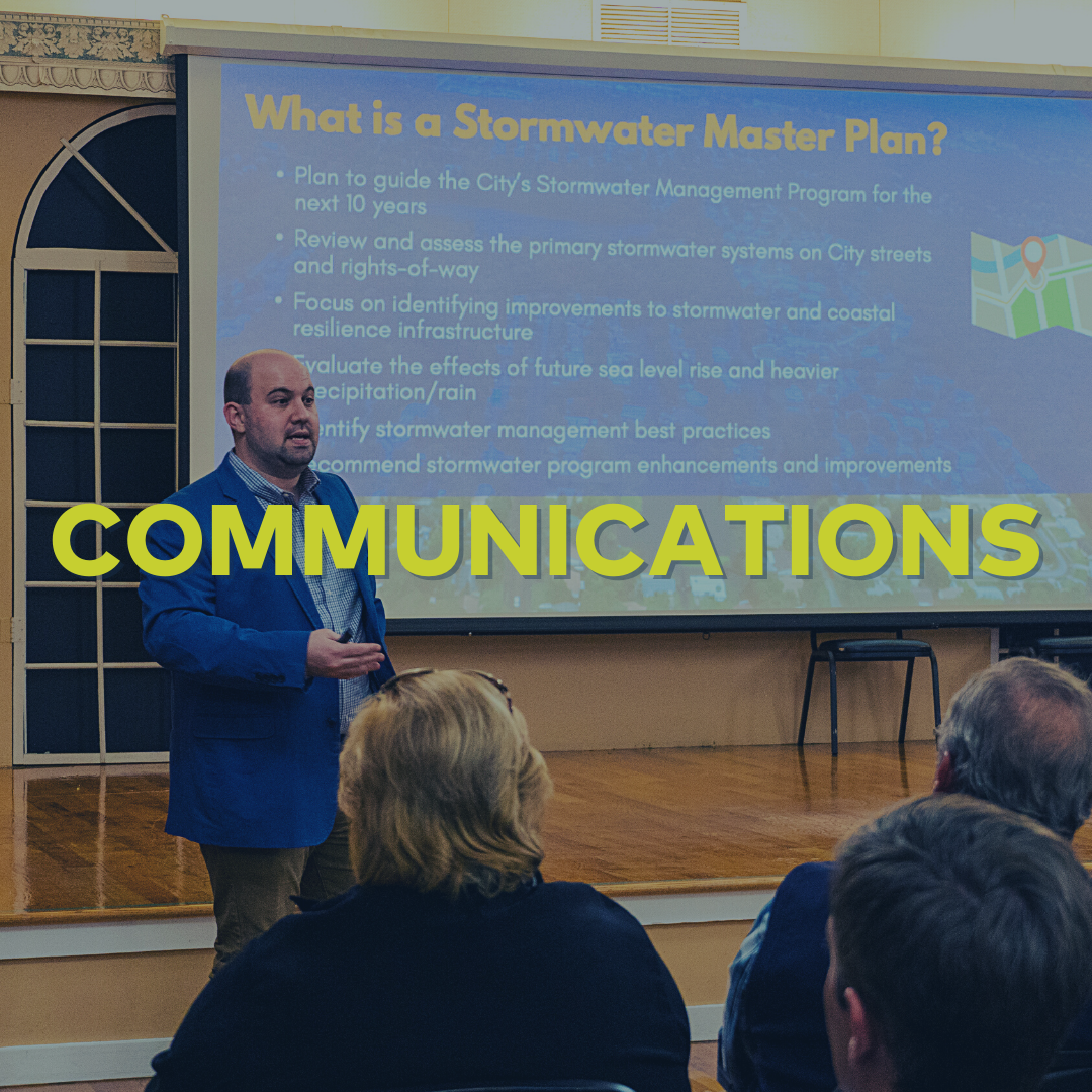 Photo of Alec Bogdanoff presenting a stormwater master plan 101 presentation.